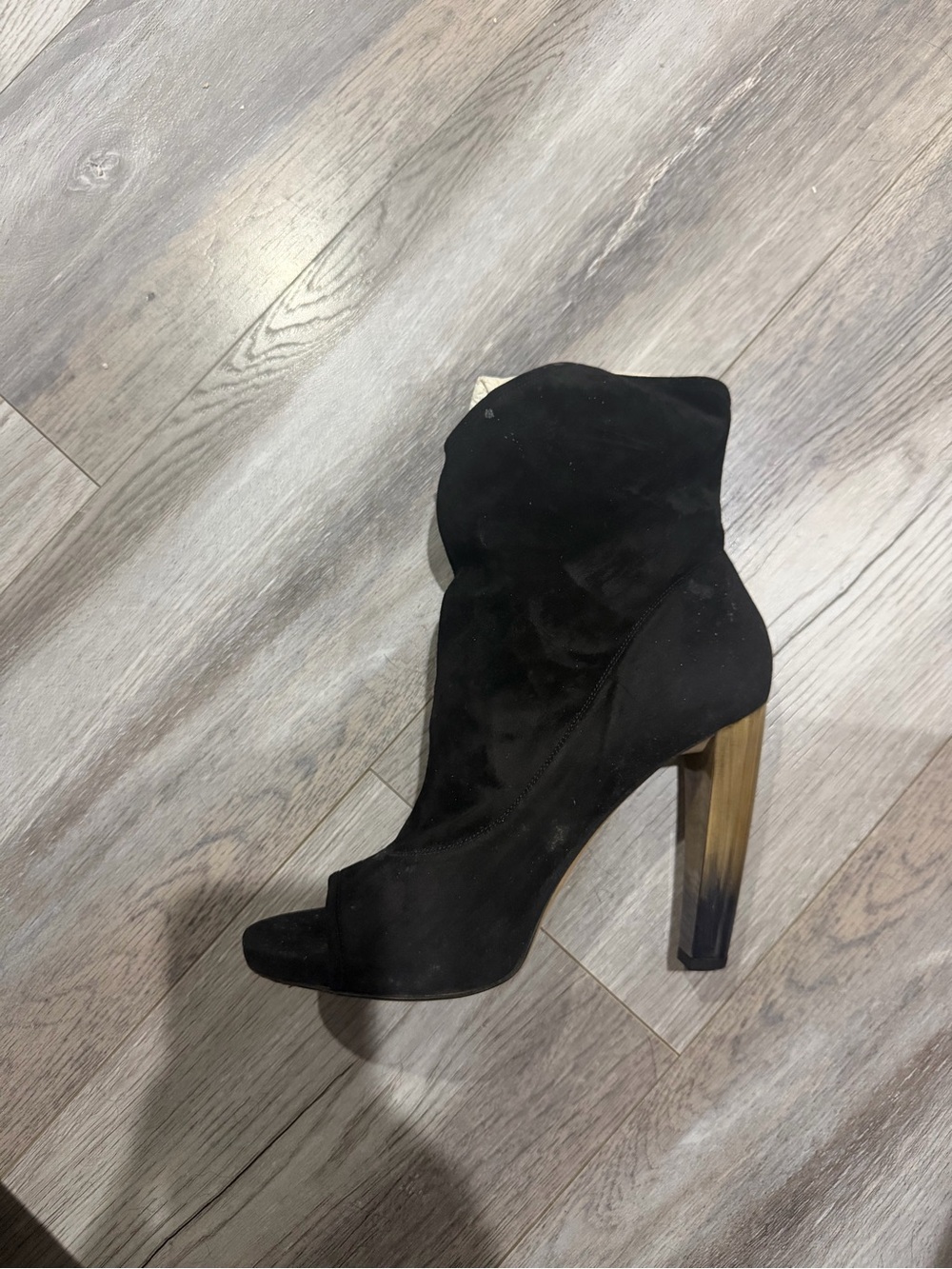 Jimmy Choo Black Suede Peep-Toe Ankle Boot with Ombre Heel